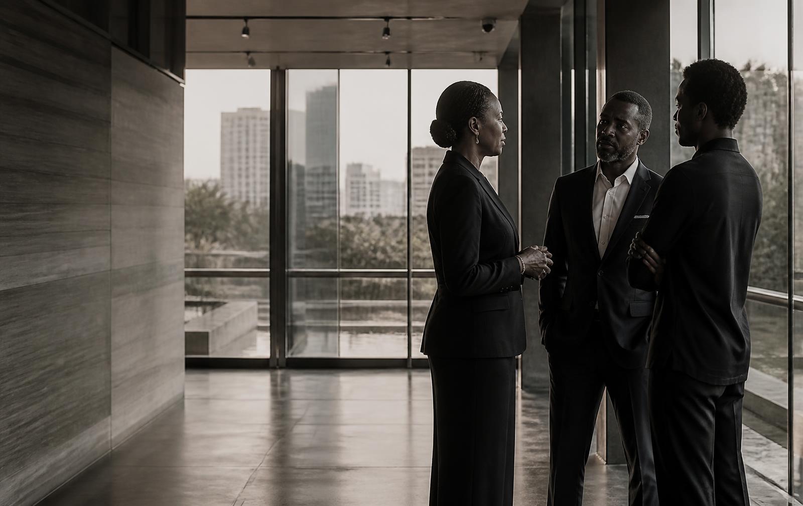 Senior African professionals in conversation in a modern office